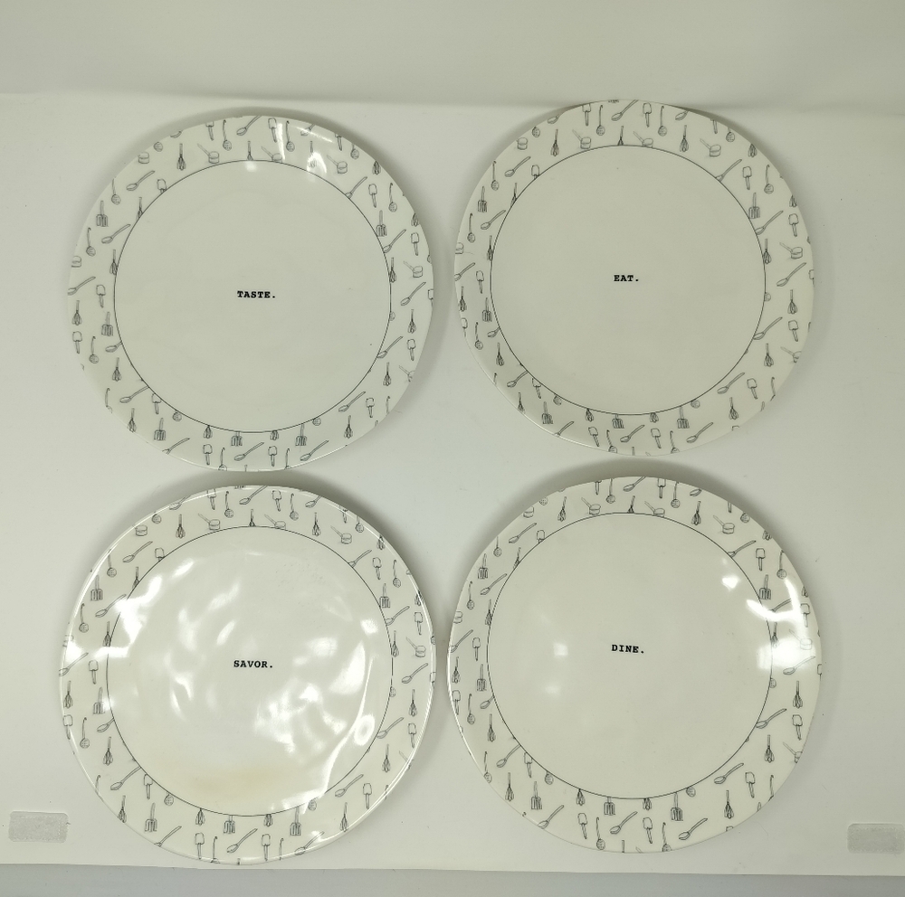 4 RAE DUNN by Magenta Plates Melamine 8" TOOL ICONS EAT SAVOR TASTE DINE
